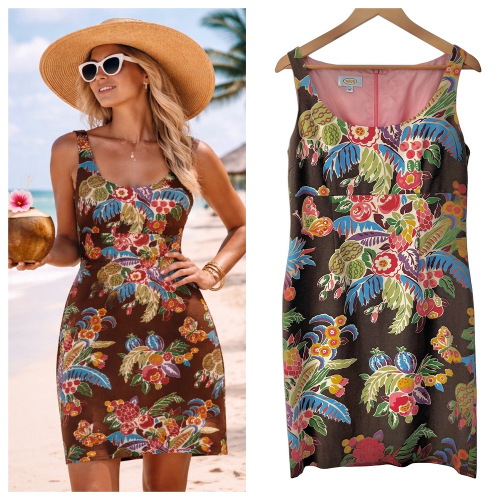 VTG Talbots Tropical Botanical Fruit Floral Cotton Sheath Dress Sz 10 Exotic USA